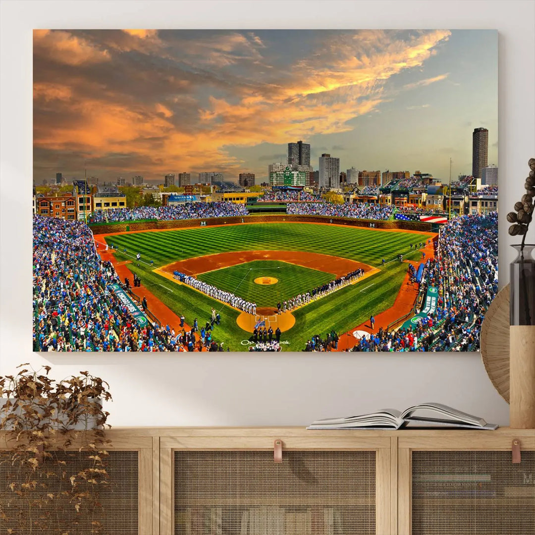 Chicago Wrigley Field Canvas Wall Art - Iconic Baseball Stadium Art Print - Wrigley Field Chicago Decor - Vibrant Chicago Skyline Stadium Art