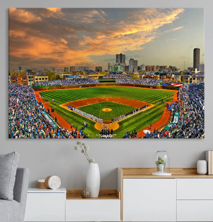 Chicago Wrigley Field Canvas Wall Art - Iconic Baseball Stadium Art Print - Wrigley Field Chicago Decor - Vibrant Chicago Skyline Stadium Art