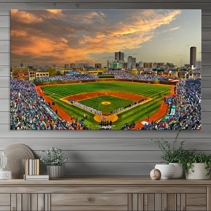 Chicago Wrigley Field Canvas Wall Art - Iconic Baseball Stadium Art Print - Wrigley Field Chicago Decor - Vibrant Chicago Skyline Stadium Art