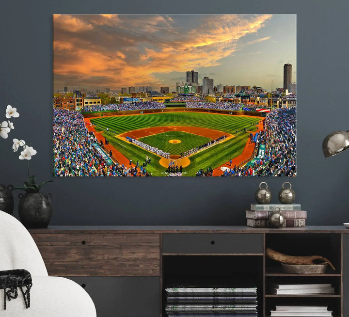 Chicago Wrigley Field Canvas Wall Art - Iconic Baseball Stadium Art Print - Wrigley Field Chicago Decor - Vibrant Chicago Skyline Stadium Art