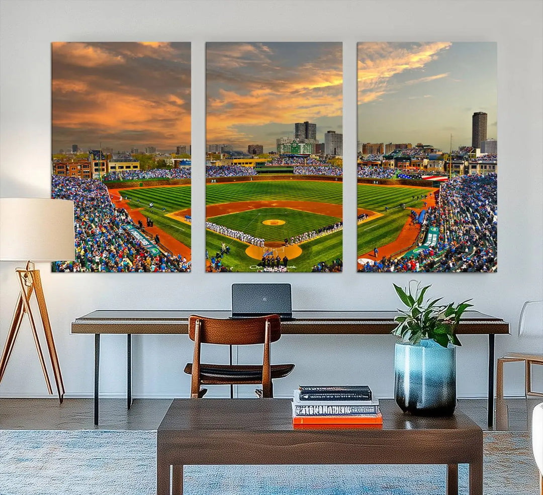 Chicago Wrigley Field Canvas Wall Art - Iconic Baseball Stadium Art Print - Wrigley Field Chicago Decor - Vibrant Chicago Skyline Stadium Art