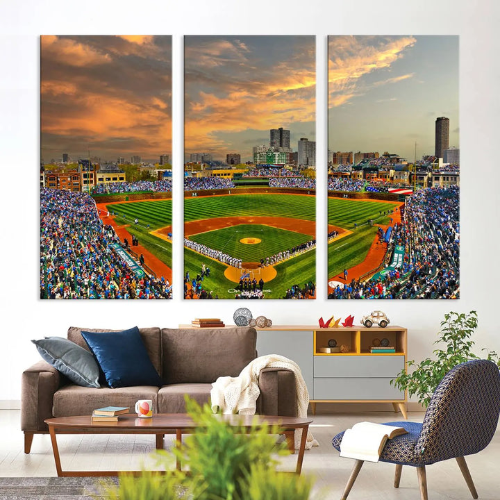 Chicago Wrigley Field Canvas Wall Art - Iconic Baseball Stadium Art Print - Wrigley Field Chicago Decor - Vibrant Chicago Skyline Stadium Art