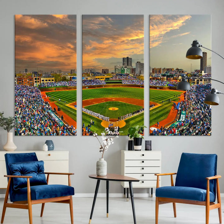 Chicago Wrigley Field Canvas Wall Art - Iconic Baseball Stadium Art Print - Wrigley Field Chicago Decor - Vibrant Chicago Skyline Stadium Art