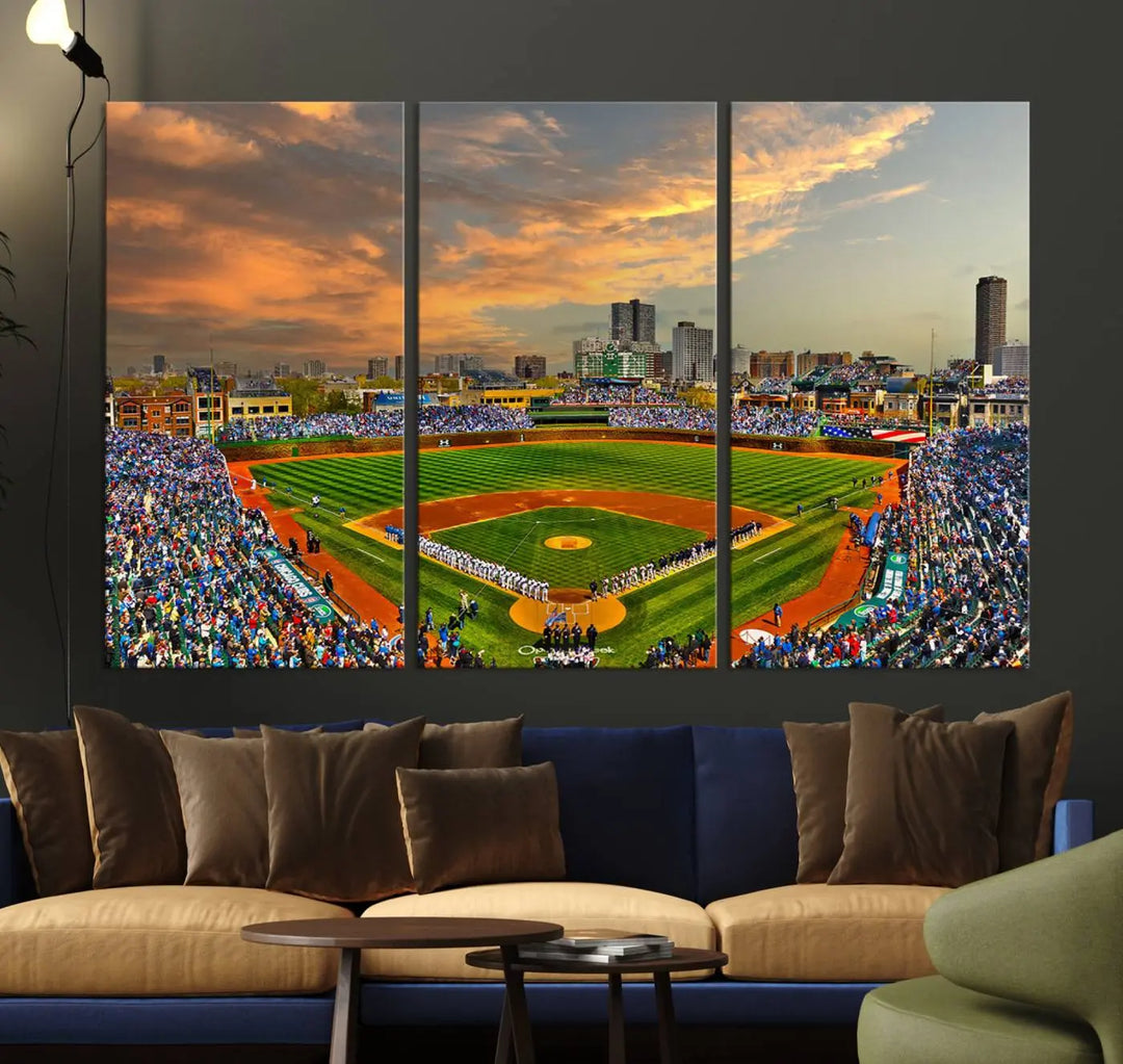 Chicago Wrigley Field Canvas Wall Art - Iconic Baseball Stadium Art Print - Wrigley Field Chicago Decor - Vibrant Chicago Skyline Stadium Art