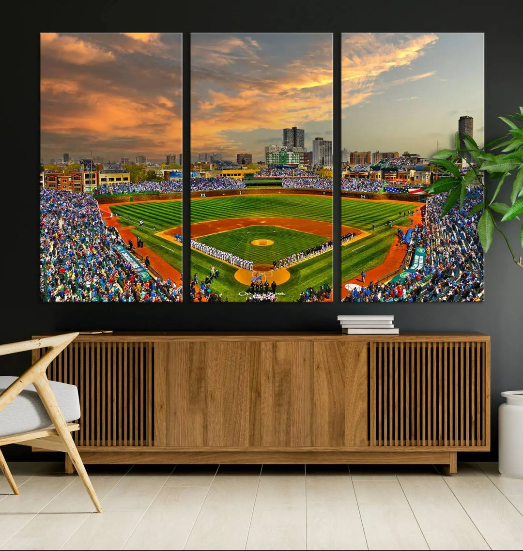 Chicago Wrigley Field Canvas Wall Art - Iconic Baseball Stadium Art Print - Wrigley Field Chicago Decor - Vibrant Chicago Skyline Stadium Art