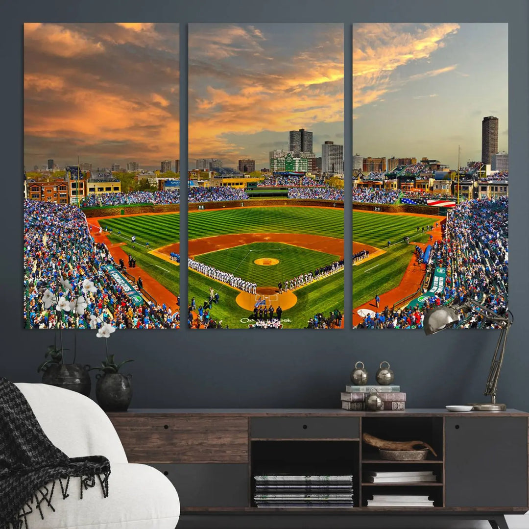 Chicago Wrigley Field Canvas Wall Art - Iconic Baseball Stadium Art Print - Wrigley Field Chicago Decor - Vibrant Chicago Skyline Stadium Art