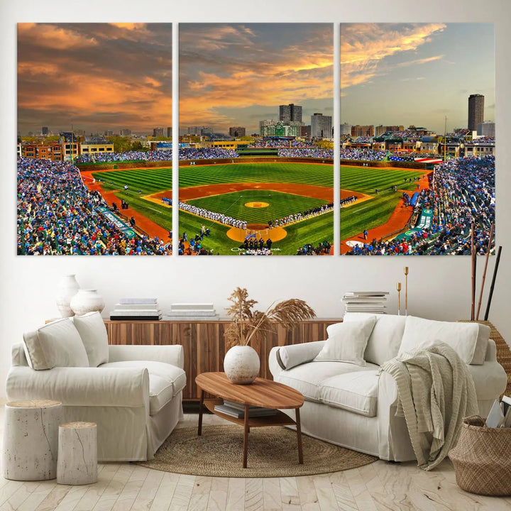 Chicago Wrigley Field Canvas Wall Art - Iconic Baseball Stadium Art Print - Wrigley Field Chicago Decor - Vibrant Chicago Skyline Stadium Art