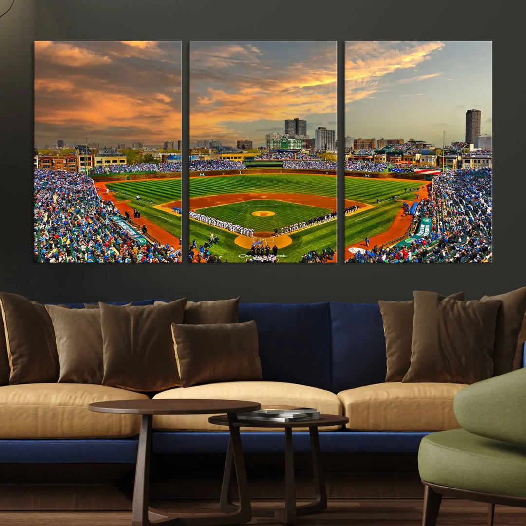 Chicago Wrigley Field Canvas Wall Art - Iconic Baseball Stadium Art Print - Wrigley Field Chicago Decor - Vibrant Chicago Skyline Stadium Art