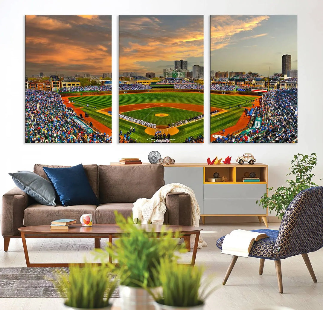 Chicago Wrigley Field Canvas Wall Art - Iconic Baseball Stadium Art Print - Wrigley Field Chicago Decor - Vibrant Chicago Skyline Stadium Art