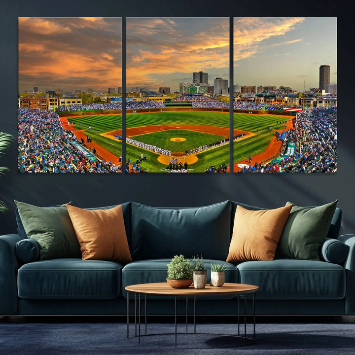 Chicago Wrigley Field Canvas Wall Art - Iconic Baseball Stadium Art Print - Wrigley Field Chicago Decor - Vibrant Chicago Skyline Stadium Art