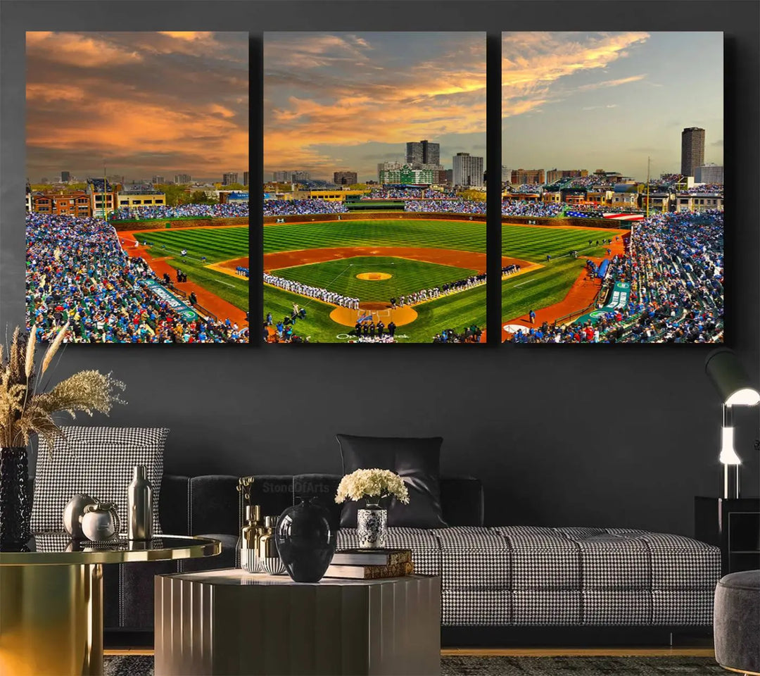 Chicago Wrigley Field Canvas Wall Art - Iconic Baseball Stadium Art Print - Wrigley Field Chicago Decor - Vibrant Chicago Skyline Stadium Art