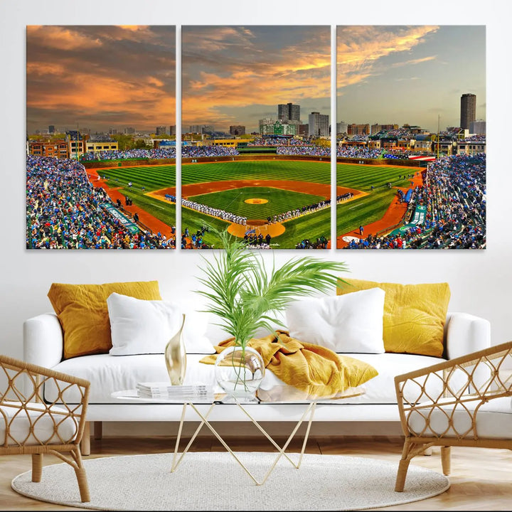 Chicago Wrigley Field Canvas Wall Art - Iconic Baseball Stadium Art Print - Wrigley Field Chicago Decor - Vibrant Chicago Skyline Stadium Art