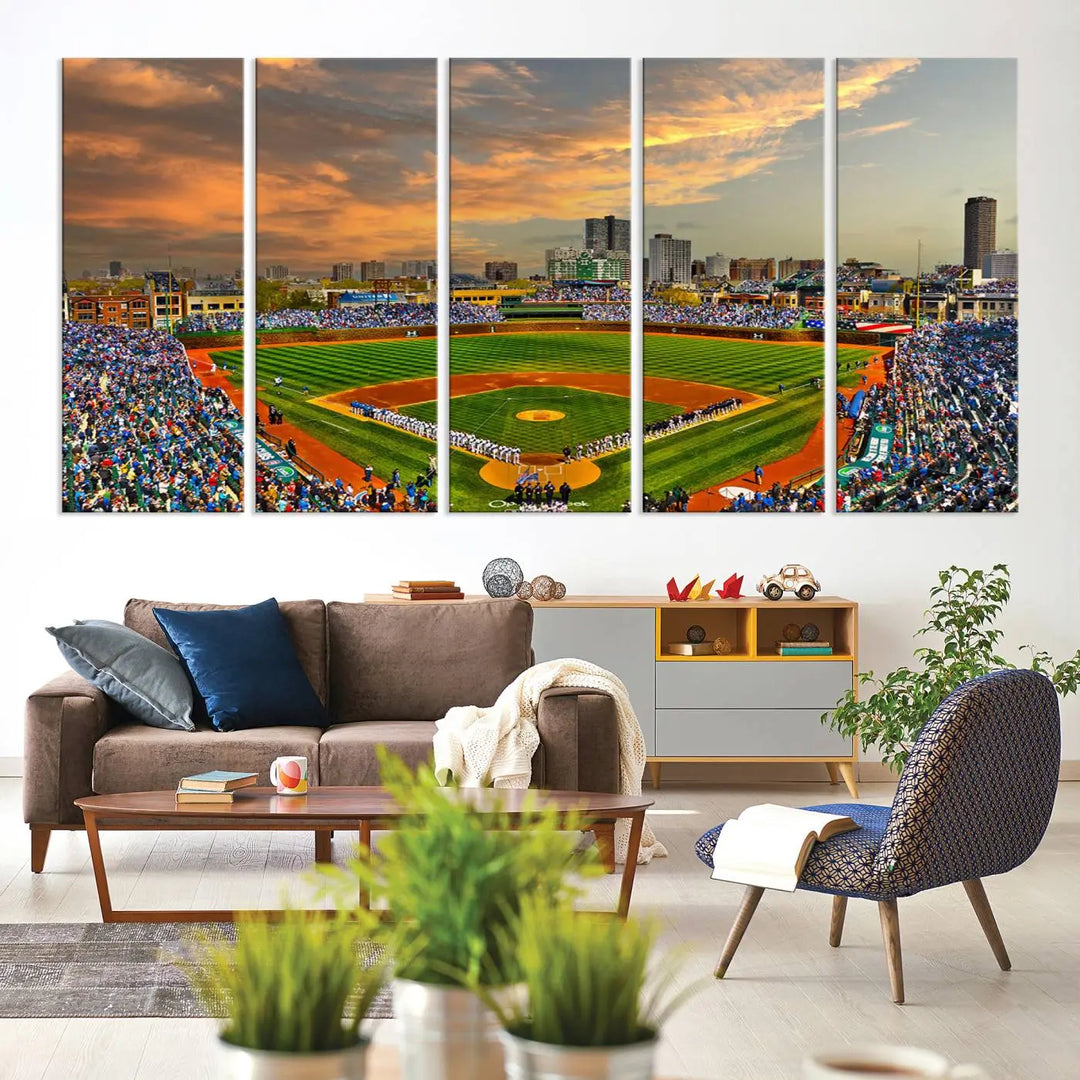 Chicago Wrigley Field Canvas Wall Art - Iconic Baseball Stadium Art Print - Wrigley Field Chicago Decor - Vibrant Chicago Skyline Stadium Art