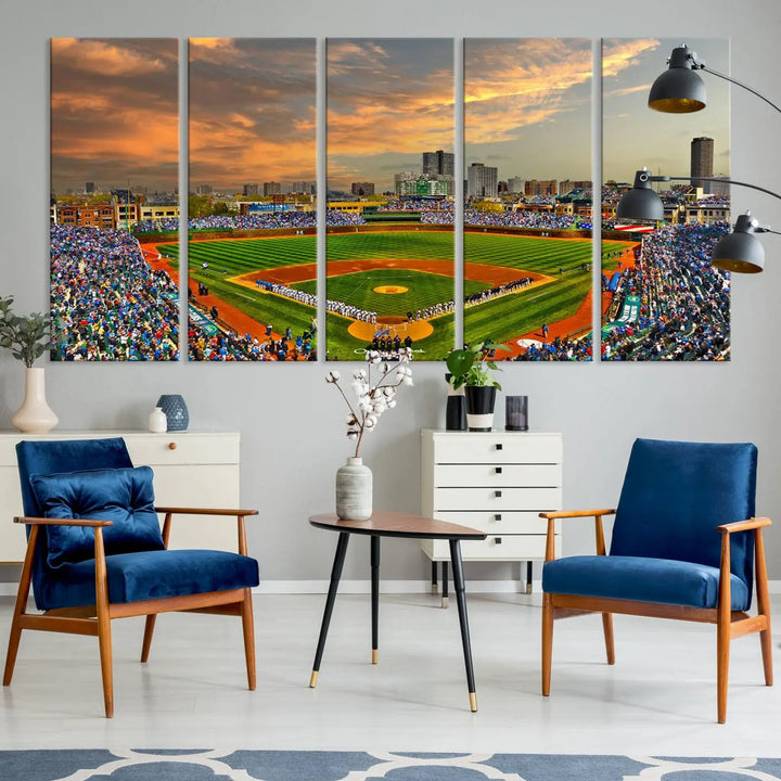 Chicago Wrigley Field Canvas Wall Art - Iconic Baseball Stadium Art Print - Wrigley Field Chicago Decor - Vibrant Chicago Skyline Stadium Art