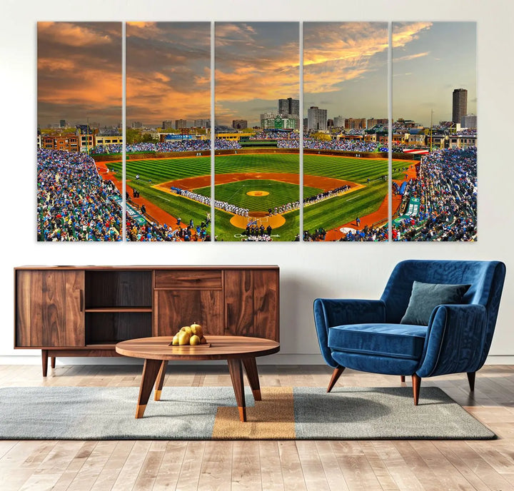 Chicago Wrigley Field Canvas Wall Art - Iconic Baseball Stadium Art Print - Wrigley Field Chicago Decor - Vibrant Chicago Skyline Stadium Art