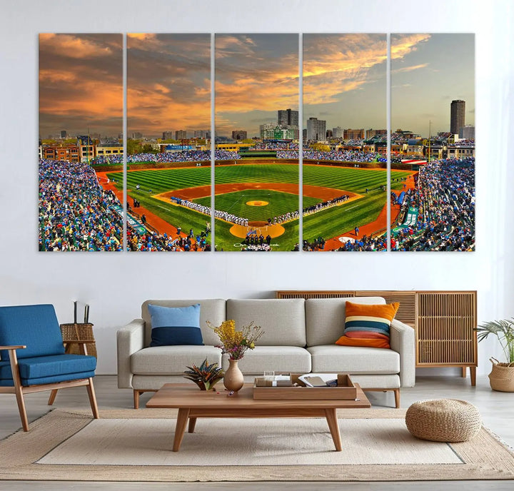 Chicago Wrigley Field Canvas Wall Art - Iconic Baseball Stadium Art Print - Wrigley Field Chicago Decor - Vibrant Chicago Skyline Stadium Art