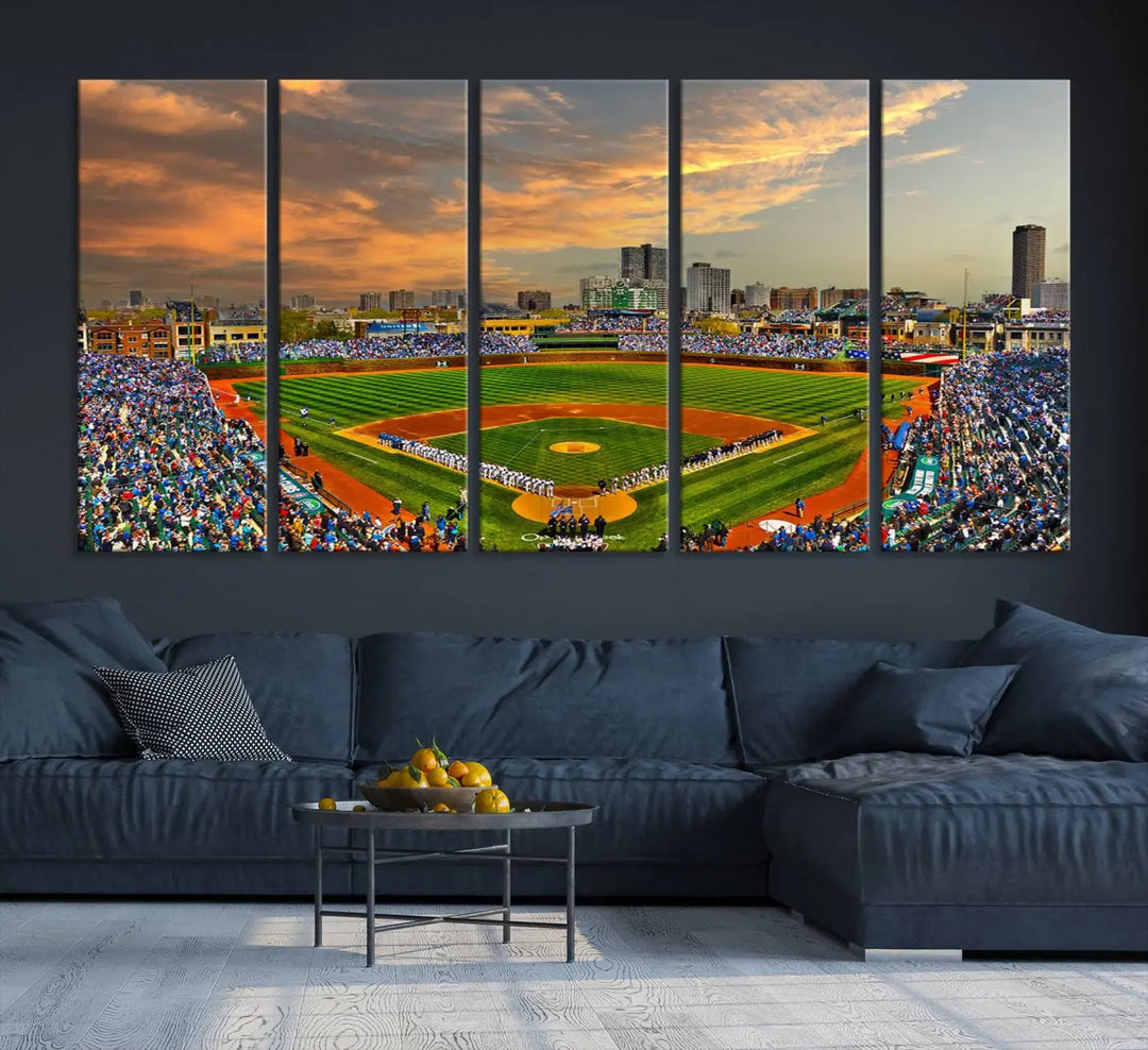 Chicago Wrigley Field Canvas Wall Art - Iconic Baseball Stadium Art Print - Wrigley Field Chicago Decor - Vibrant Chicago Skyline Stadium Art