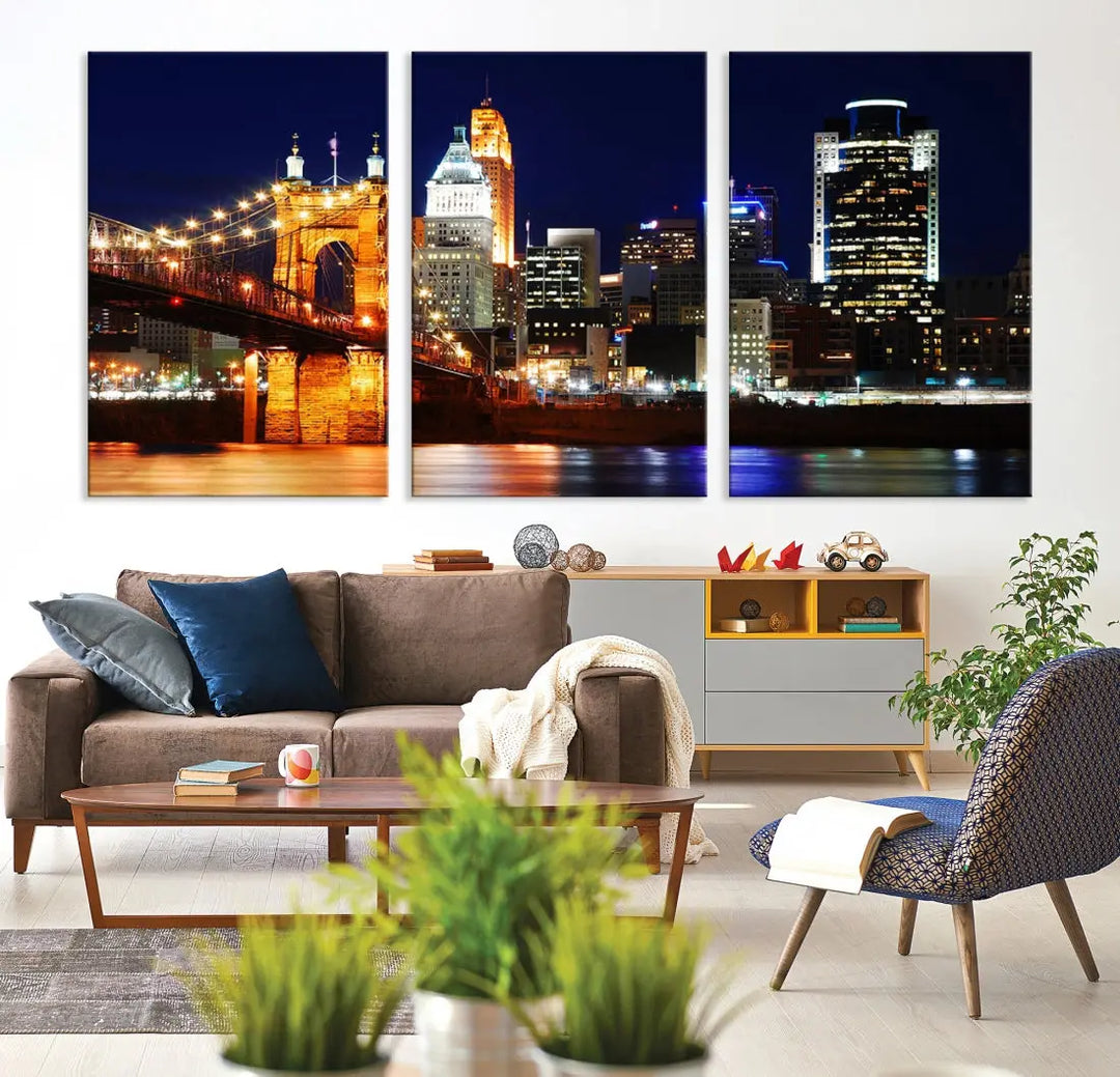 Cincinnati Bright Lights Night Skyline Canvas Wall Art Framed Print