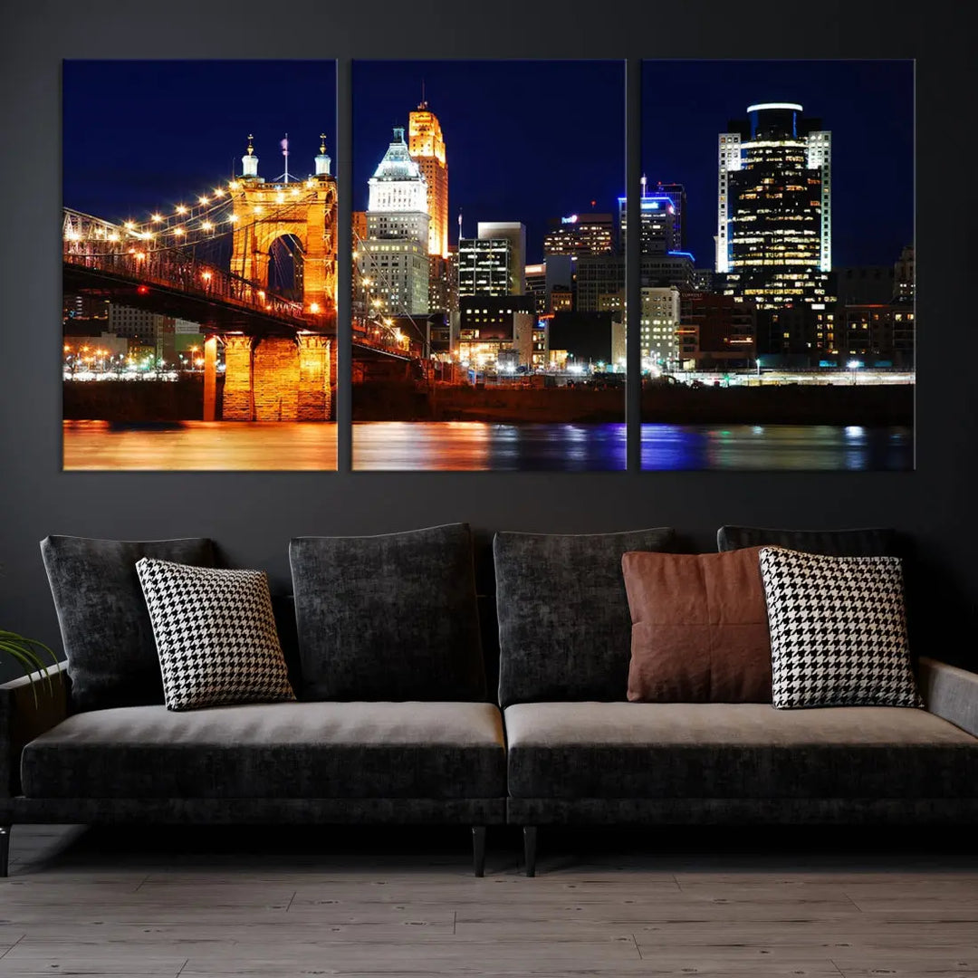 Cincinnati Bright Lights Night Skyline Canvas Wall Art Framed Print