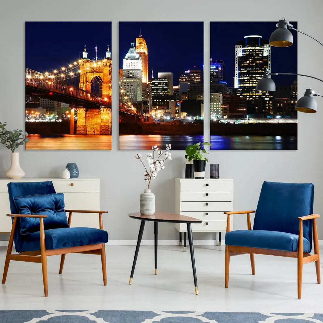 Cincinnati Bright Lights Night Skyline Canvas Wall Art Framed Print