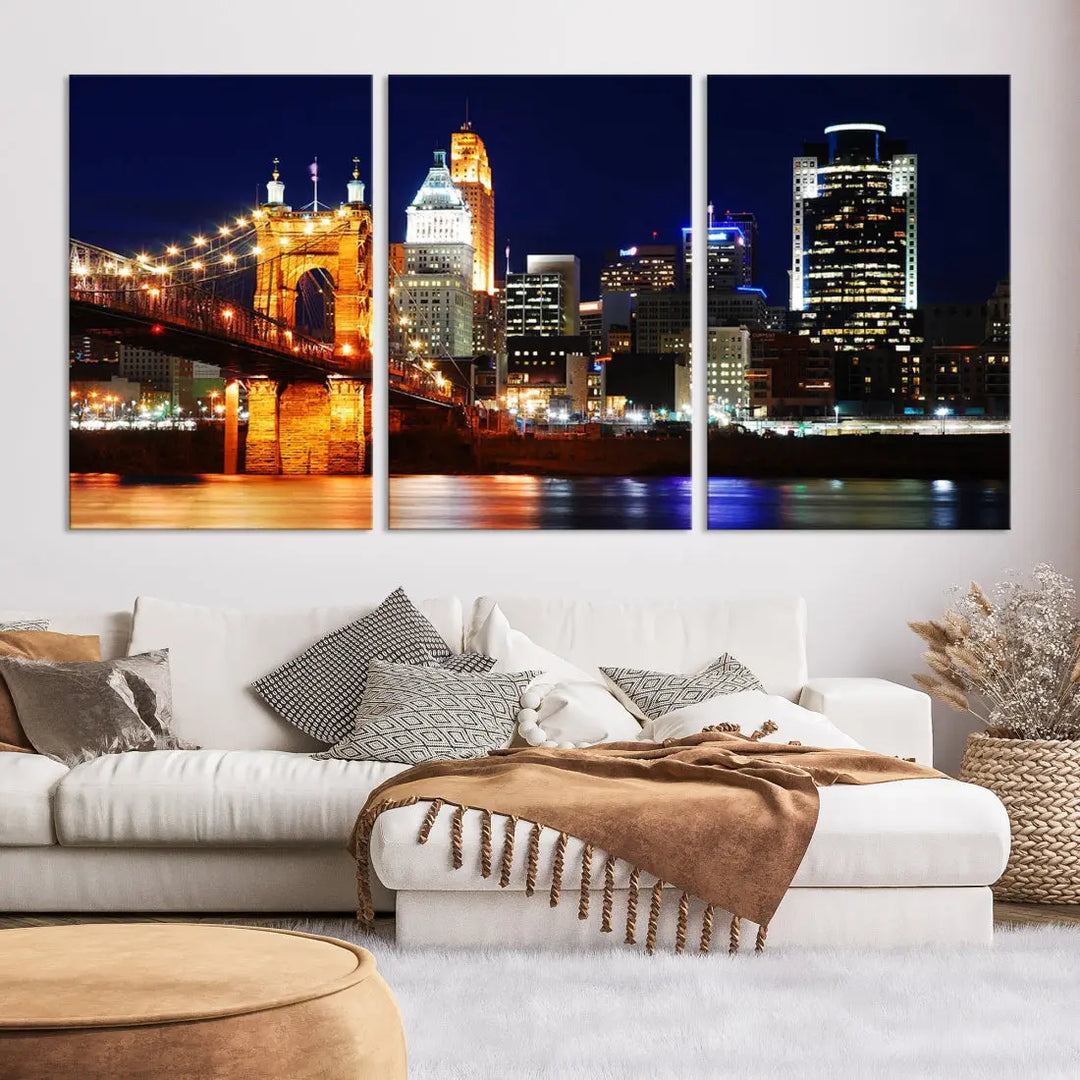 Cincinnati Bright Lights Night Skyline Canvas Wall Art Framed Print