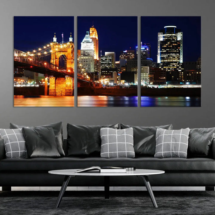 Cincinnati Bright Lights Night Skyline Canvas Wall Art Framed Print