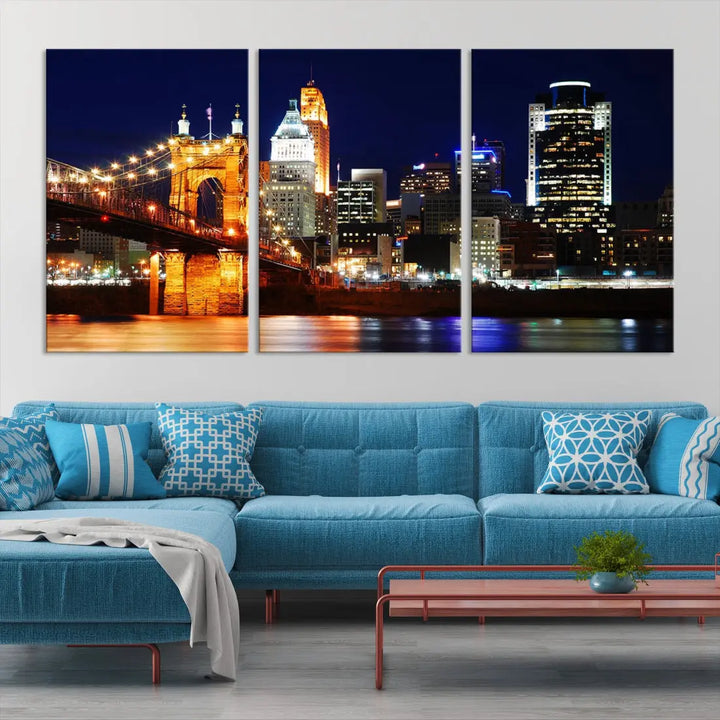 Cincinnati Bright Lights Night Skyline Canvas Wall Art Framed Print