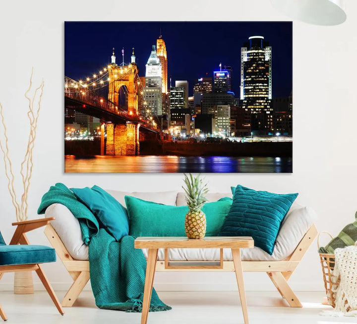 Cincinnati Bright Lights Night Skyline Canvas Wall Art Framed Print