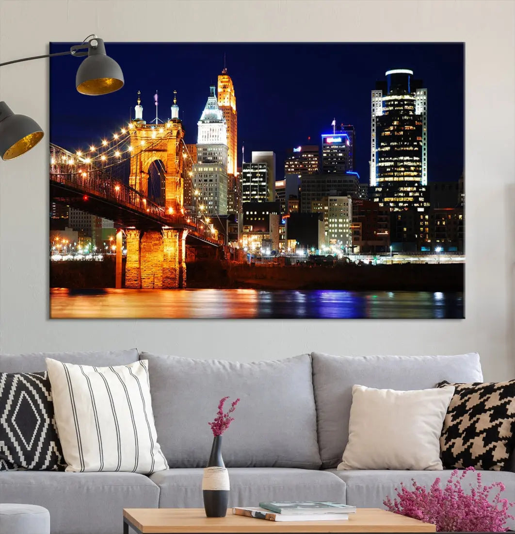 Cincinnati Bright Lights Night Skyline Canvas Wall Art Framed Print