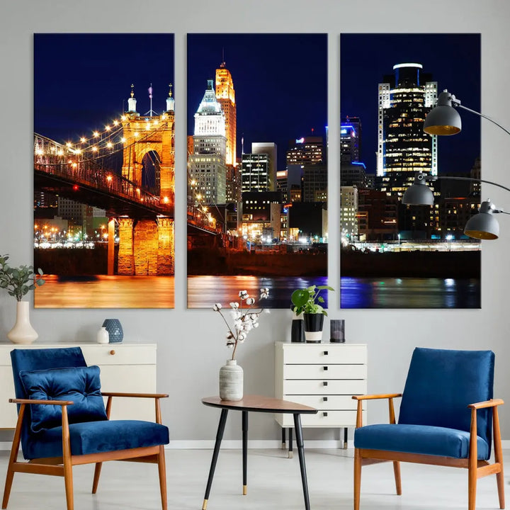 Cincinnati Bright Lights Night Skyline Canvas Wall Art Framed Print