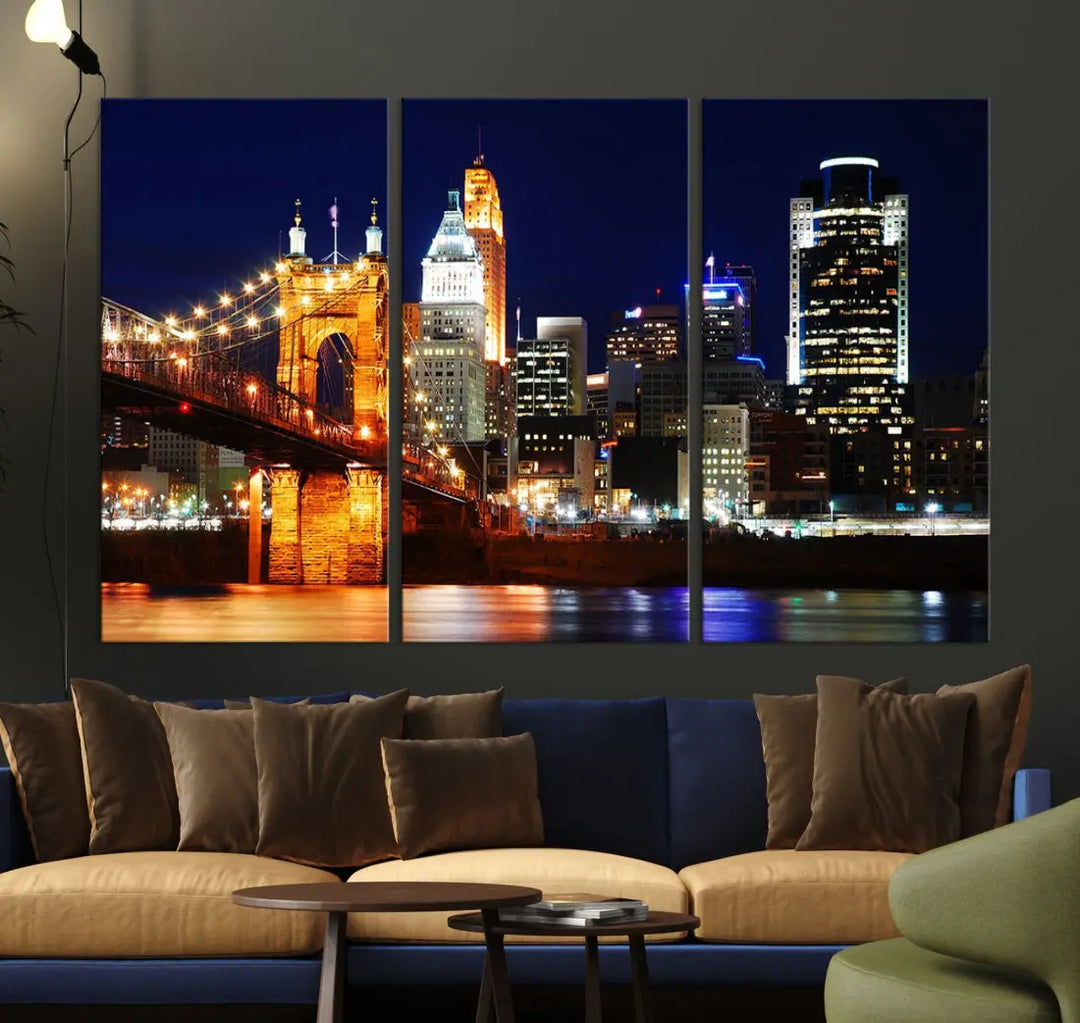 Cincinnati Bright Lights Night Skyline Canvas Wall Art Framed Print