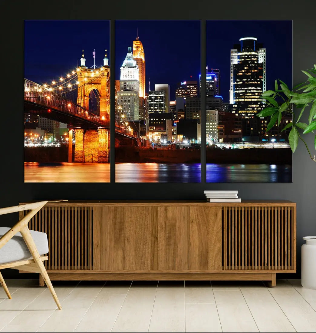 Cincinnati Bright Lights Night Skyline Canvas Wall Art Framed Print