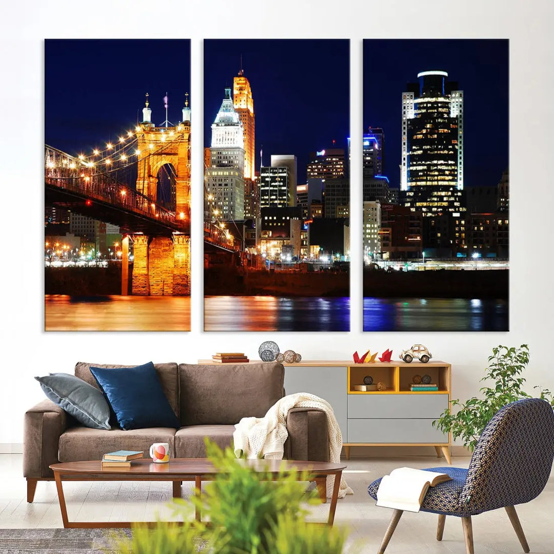 Cincinnati Bright Lights Night Skyline Canvas Wall Art Framed Print