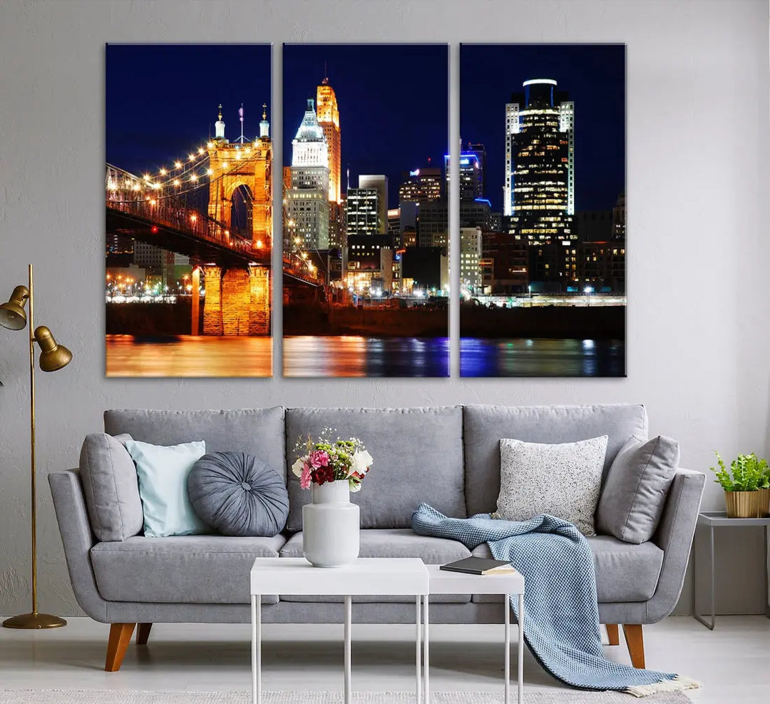 Cincinnati Bright Lights Night Skyline Canvas Wall Art Framed Print