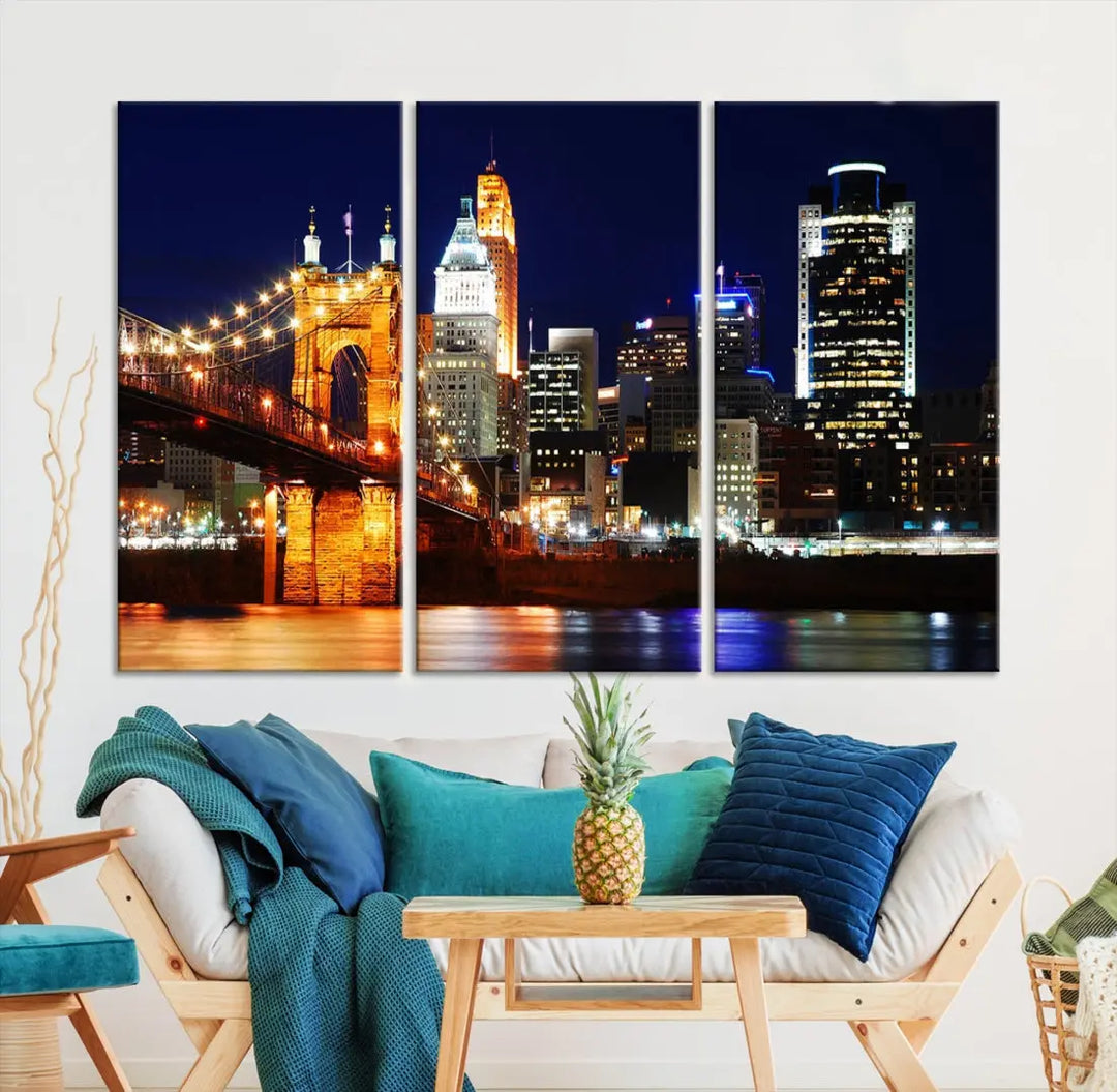 Cincinnati Bright Lights Night Skyline Canvas Wall Art Framed Print