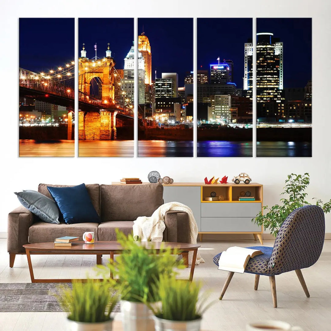 Cincinnati Bright Lights Night Skyline Canvas Wall Art Framed Print