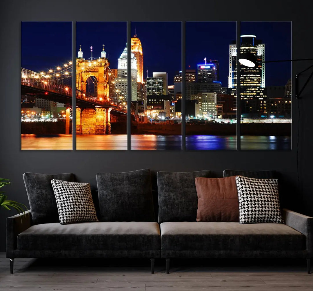 Cincinnati Bright Lights Night Skyline Canvas Wall Art Framed Print