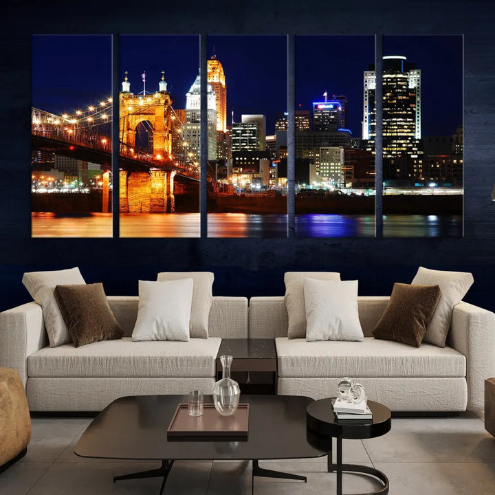 Cincinnati Bright Lights Night Skyline Canvas Wall Art Framed Print