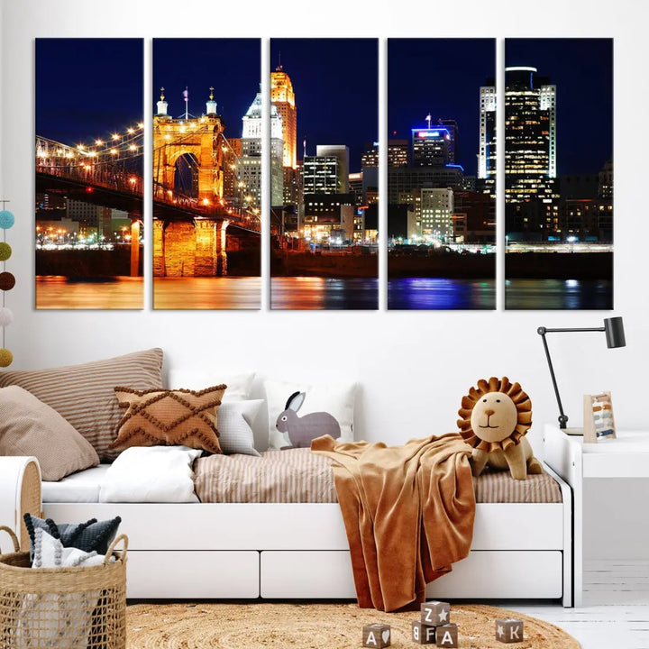 Cincinnati Bright Lights Night Skyline Canvas Wall Art Framed Print