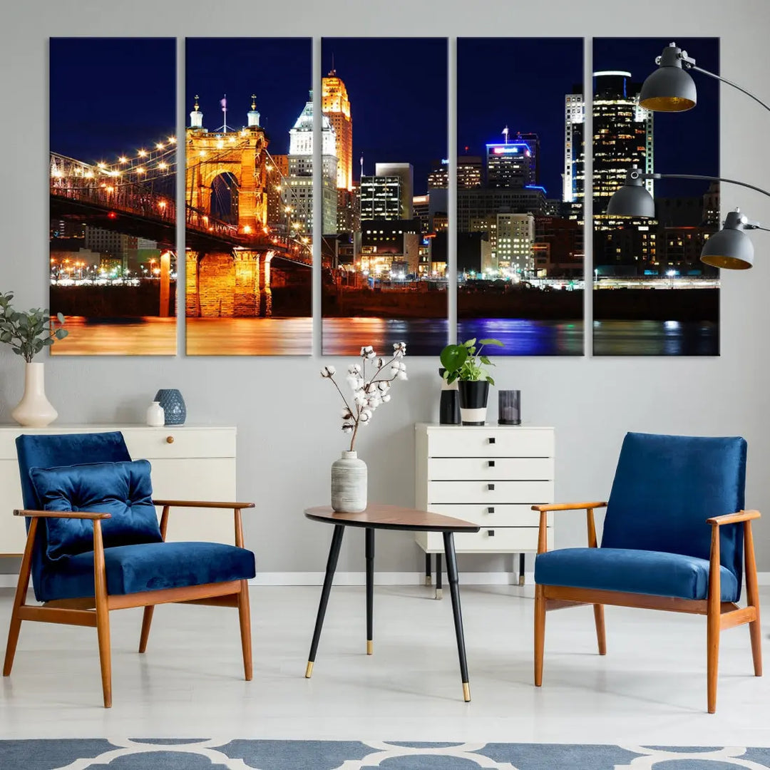 Cincinnati Bright Lights Night Skyline Canvas Wall Art Framed Print