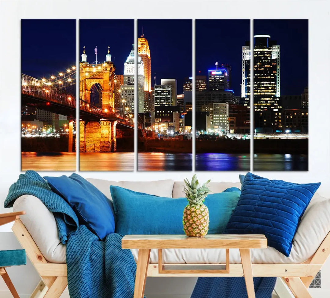 Cincinnati Bright Lights Night Skyline Canvas Wall Art Framed Print