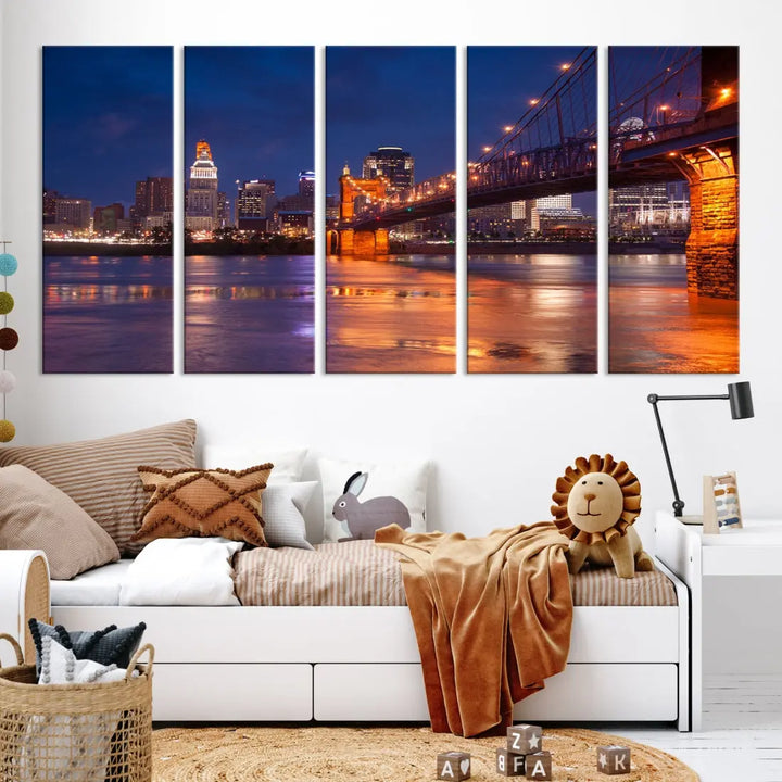 Cincinnati City Bridge Night Lights Canvas Wall Art Cincinnati Print