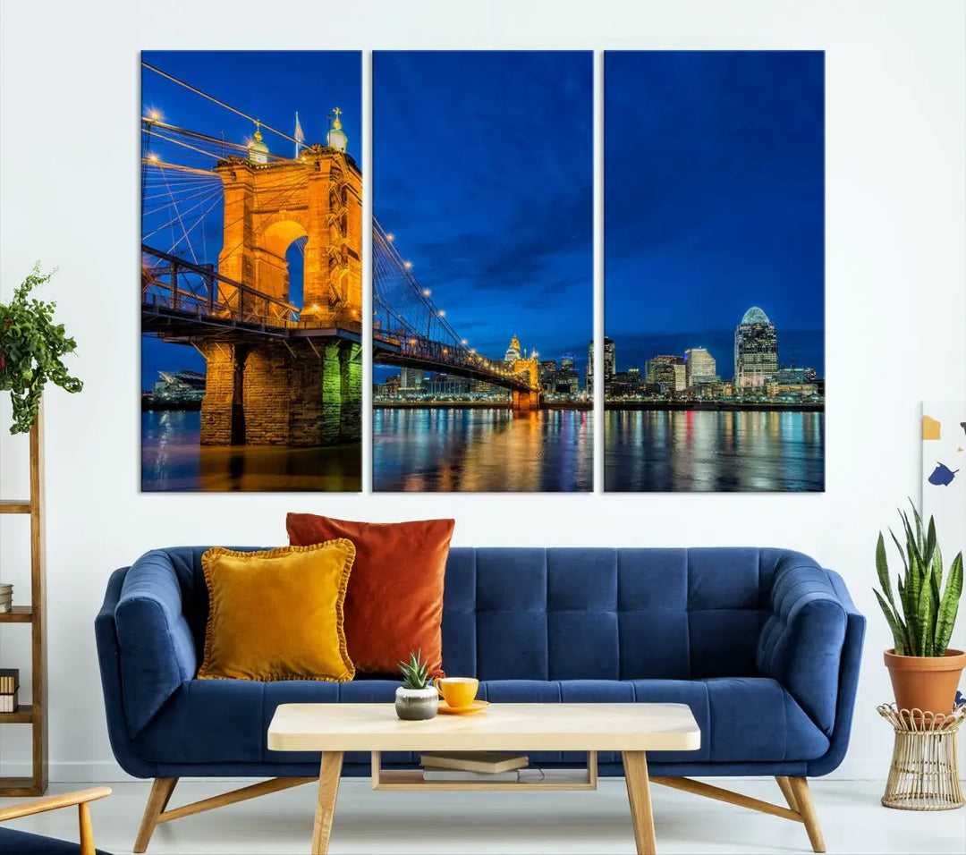 Cincinnati City Bridge Night View Skyline Cityscape Wall Art Canvas Print