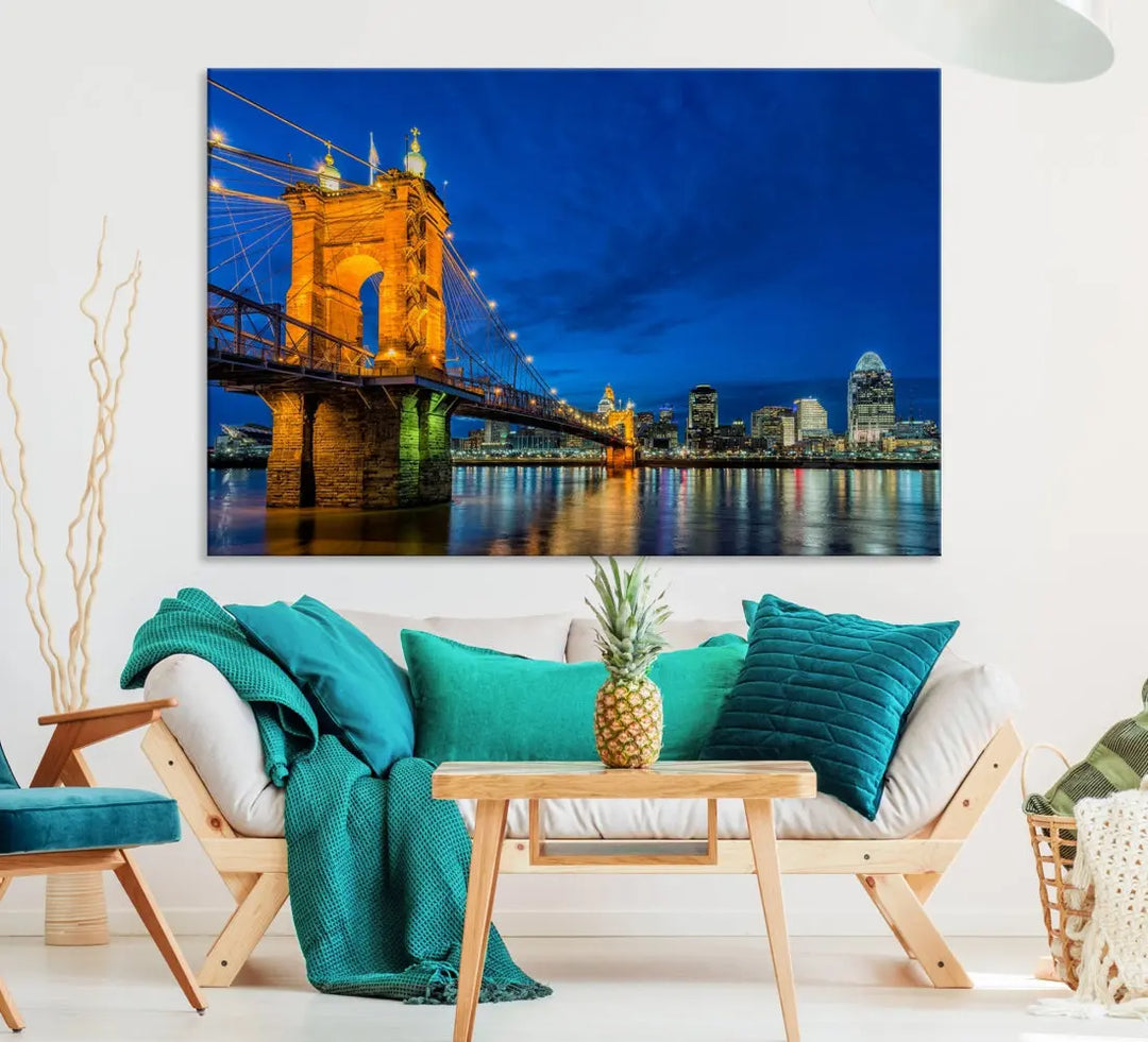 Cincinnati City Bridge Night View Skyline Cityscape Wall Art Canvas Print