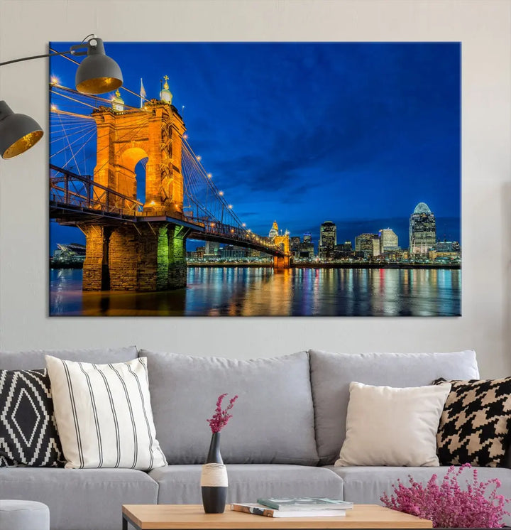 Cincinnati City Bridge Night View Skyline Cityscape Wall Art Canvas Print