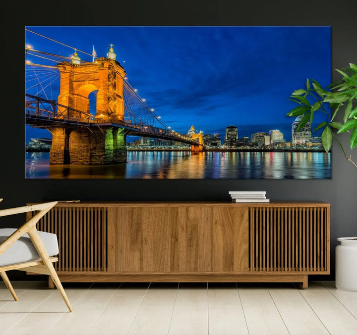 Cincinnati City Bridge Night View Skyline Cityscape Wall Art Canvas Print