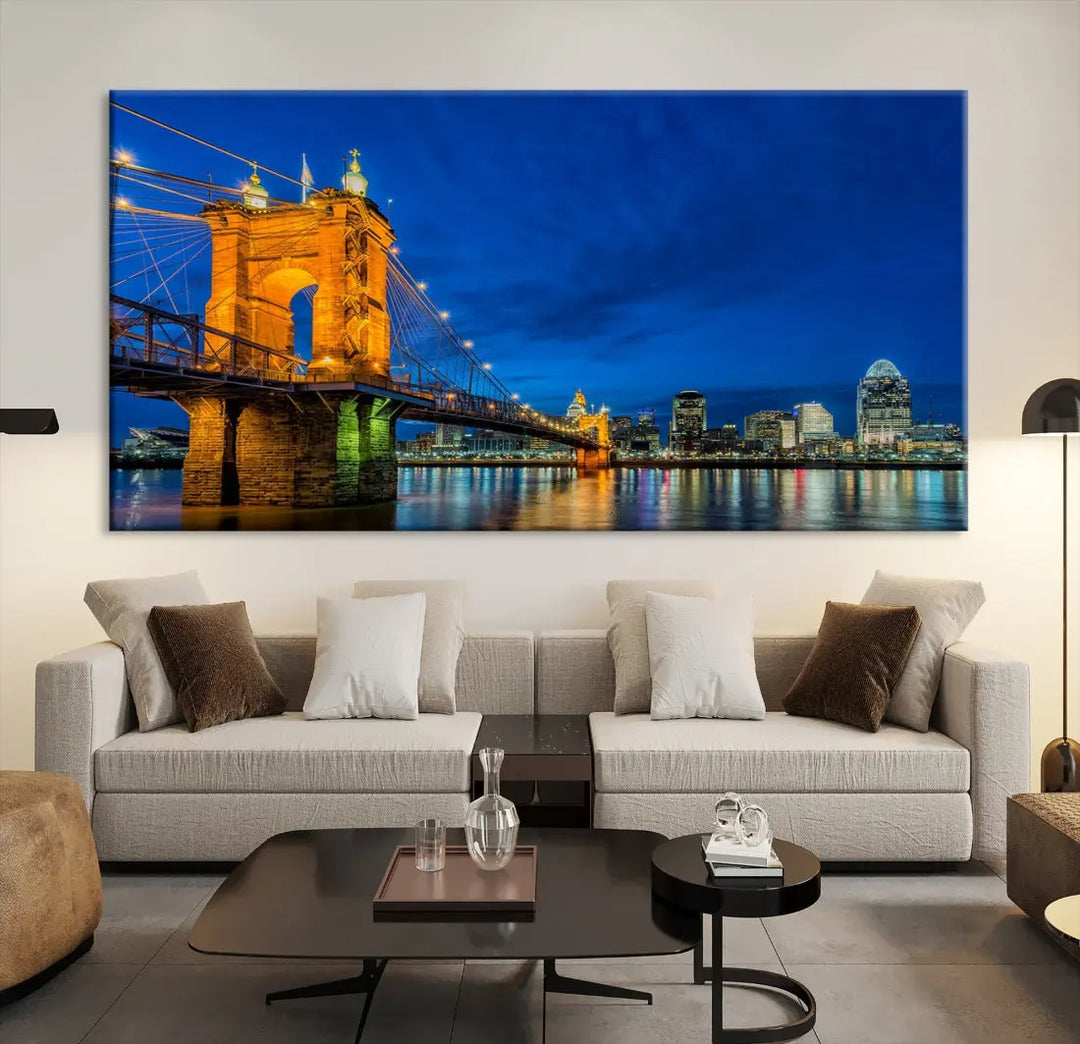 Cincinnati City Bridge Night View Skyline Cityscape Wall Art Canvas Print