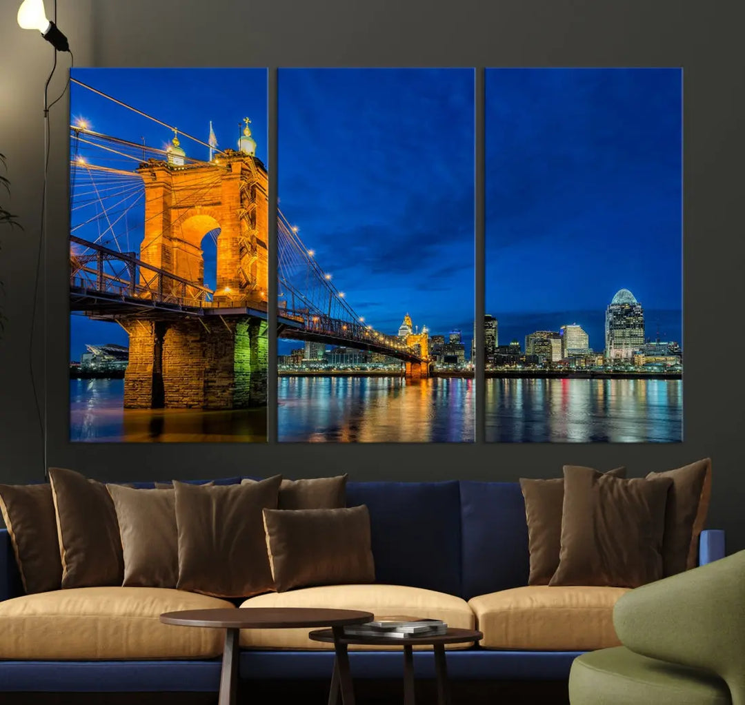 Cincinnati City Bridge Night View Skyline Cityscape Wall Art Canvas Print