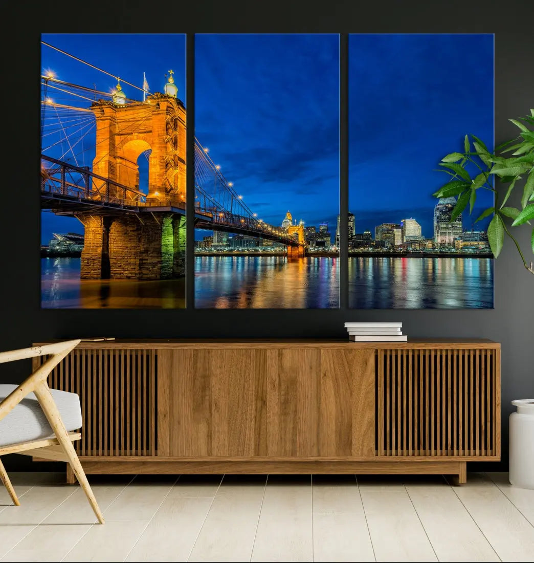 Cincinnati City Bridge Night View Skyline Cityscape Wall Art Canvas Print