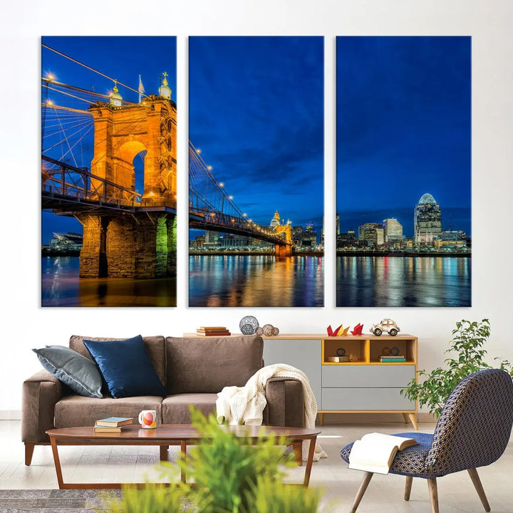 Cincinnati City Bridge Night View Skyline Cityscape Wall Art Canvas Print